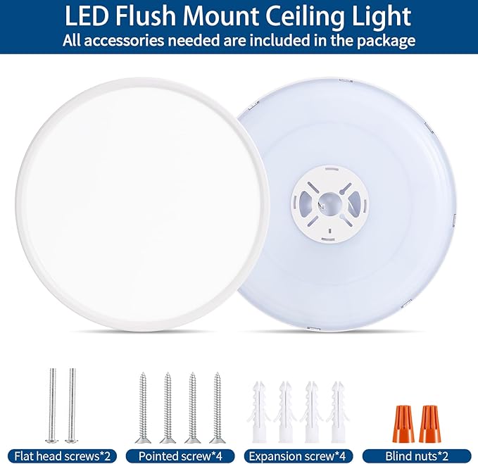 12 inch Flush Mount Led Ceiling Light Fixture, 24W 2400LM, Dimmable 3000K 4000K 6500K Adjustable, Modern White Lighting Fixtures for Bedroom, Kitchen, Home Office, Hallway, Wired