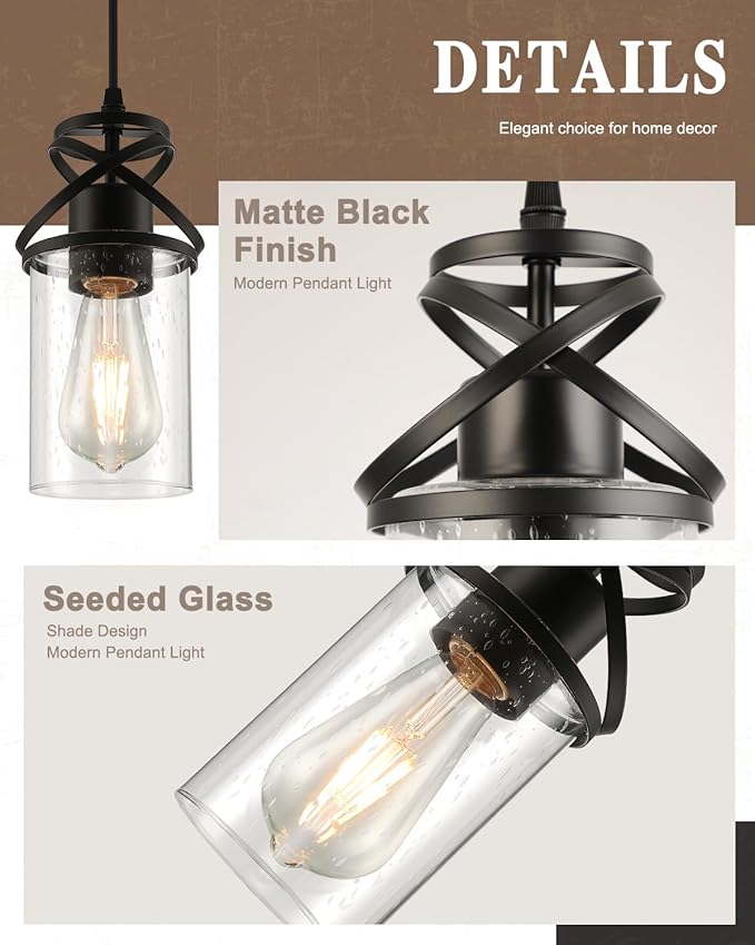 Pendant Kitchen Island Light, Modern Pendant Lighting with Glass Shade, E26 Socket and Adjustable Cable, Suitable for Living Rooms, Bedrooms, Hallways