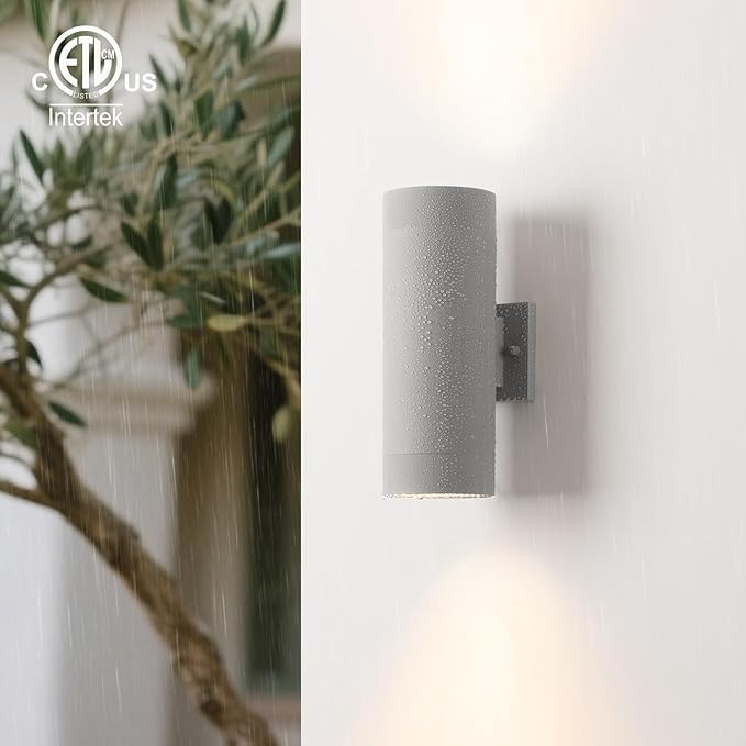 mirrea 14" Modern Outdoor Porch Light Patio Light in 2 Lights with Aluminum Cylinder and Tempered Glass Cover Waterproof Wall Sconce 2 Pack (Matte Gray)