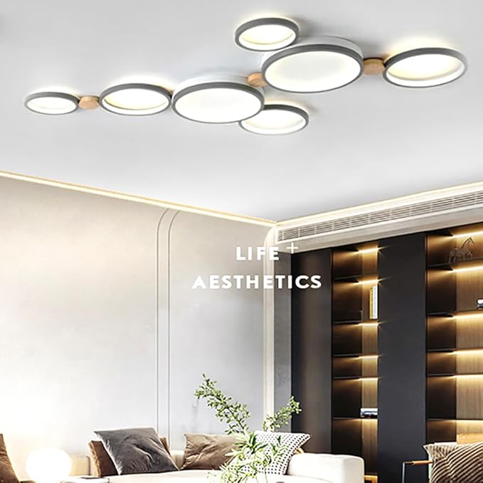7-Lights LED Ceiling Light Fixture,42 Inch Modern Ceiling Lights Flush Mount Wooden 47W Dimmable Chandelier for Living Room Bedroom Kitchen,3000K/4000K/6000K Temperatures Selectable Grey