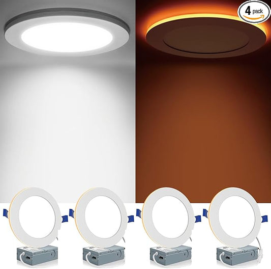 Meconard 4 Pack 6 Inch 5CCT LED Canless Recessed Lighting with Night Light, 2700K/3000K/3500K/4000K/5000K Selectable Ultra-Thin LED Ceiling Lights, 12W=110W, 1050LM, Dimmable Wafer Downlight ETL&FCC