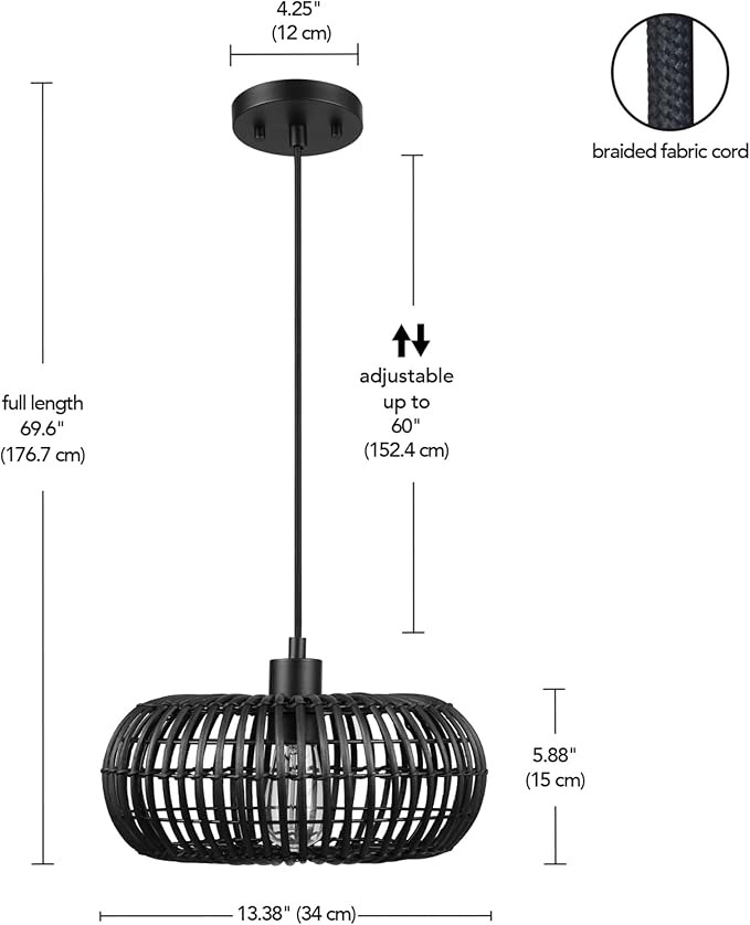 GLOBE Electric 65701 Maren 1-Light Pendant Lighting, Matte Black, Rattan Shade, Bulb Not Included