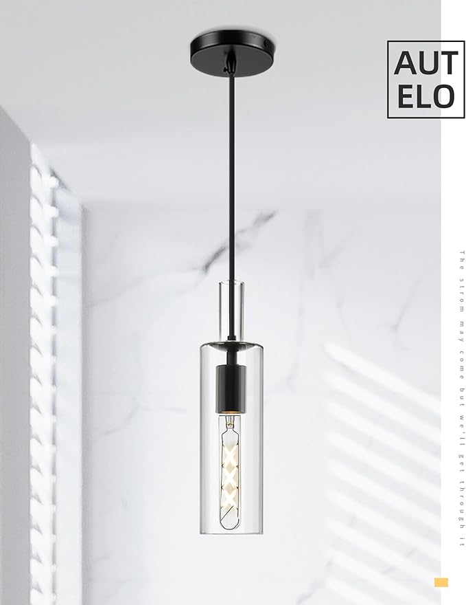 AUTELO 2 Pack Pendant Lights Kitchen Island, Modern Black Pendant Lights, Cylinder Glass Pendant Light Fixtures, Kitchen Pendant Lighting Over Island, H3875 BKNR-2PK