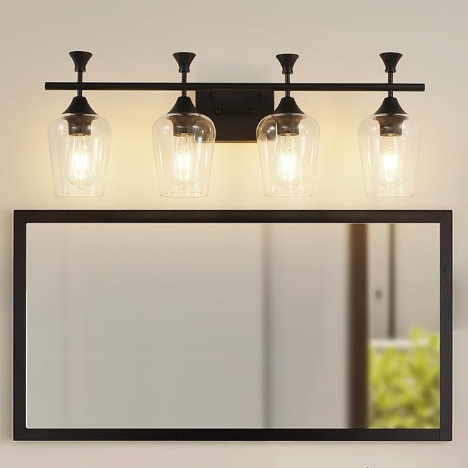 Bathroom Light Fixtures (4-Light, 29 Inch), Matte Black Vanity Lights for Bathroom with Clear Wine Glass Glass Shade, Modern Vanity Wall Lights for Mirror Bedroom Living Room Kitchen Hallway Porch
