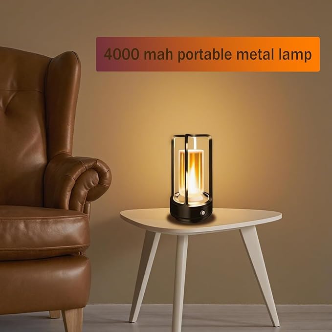 Portable Metal Table Lamp, 4000 mAh Rechargeable Outdoor Table Lamp, 3 Color Stepless Dimmable Cordless Table Lamps for Patio, Camping, Coffee Table Decor for Indoor/Outdoor (Black Set of 2)