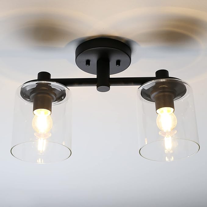 Pathson 2-Light Semi Flush Mount Ceiling Light, Industrial Pendant Lighting Fixture with Glass Shade, Ceiling Chandelier Lamp for Hallway Loft Kitchen Bar