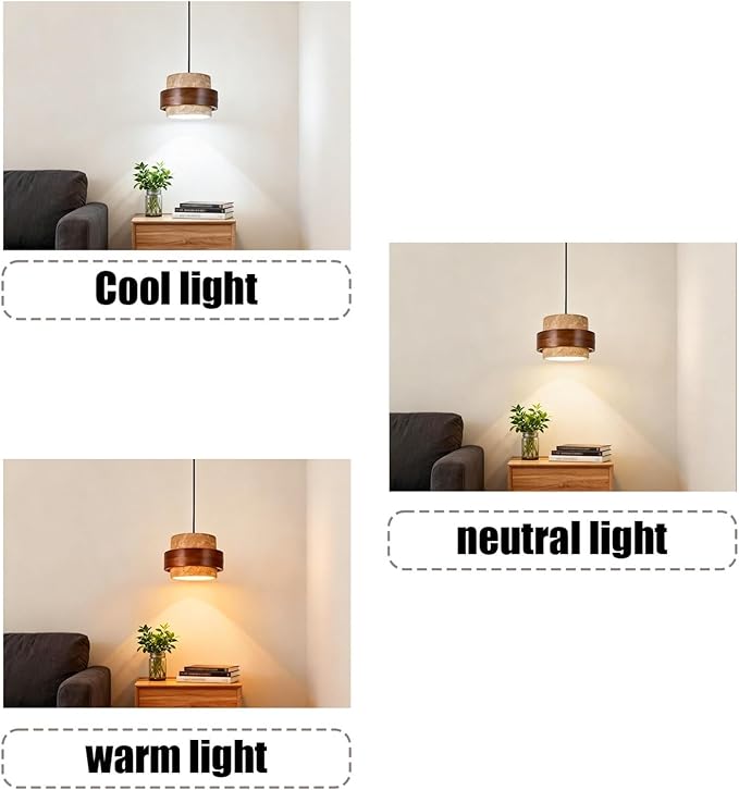 Wabi Sabi Pendant Light - Japandi Nordic Fixture Lamp, Natural Wood & Stone Concrete Chandelier for Japanese Bedroom, Kitchen Island & Dining Room (Yellow Travertine 1-Head)