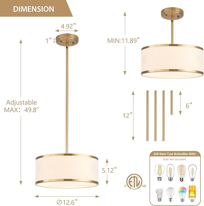 12.6" Drum Pendant Light Fixture 3-Light Gold Chandelier with Fabric Shade for Kitchen Dining Room Island Bedroom