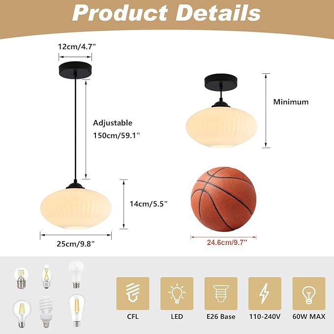KCO Lighting 9.8" Small Milk Glass Pendant Light Black and White Pendant Light Mid Century Modern Hanging Ceiling Light Fixture