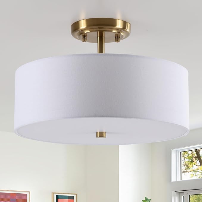 13.8 Inch Semi Flush Mount Ceiling Light Fixture, 3-Light Modern Farmhouse Drum Pendant with Fabric Shade for Bedroom Hallway Entryway Living Room (White+Brushed Bronze)