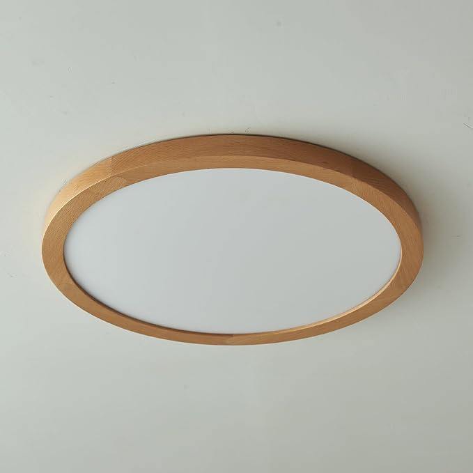 Ultra-Thin LED Ceiling Light Fixture 16.53", Handcrafted Walnut Wood Modern Wabi-Sabi Style, Slim 2.5cm Profile, 37W LED 3000K-4000K-6000K, Round Minimalist Lamp for Bedroom Kitchen Hallway