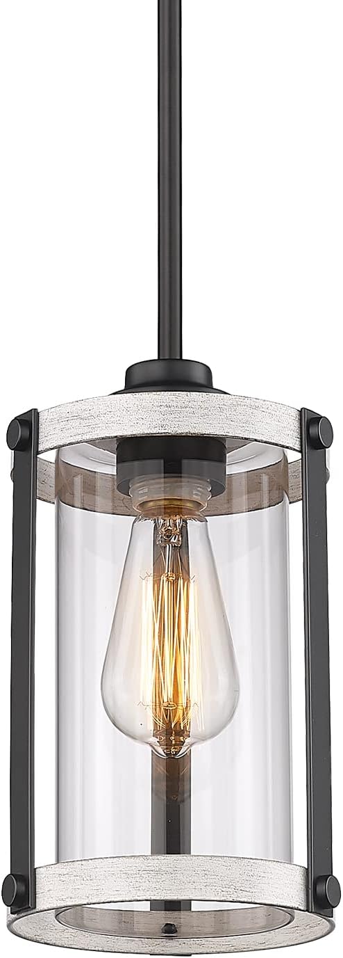 Farmhouse Pendant Light Fixtures, 1-Light Rustic Oak White Pendant Light Fixtures, Mini Glass Hanging Lighting with Rod for Kitchen Island Bar Bedroom, Adjustable Length, OS-3015