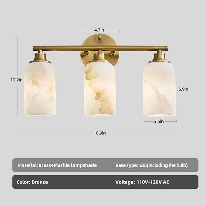3-Light Brass Bathroom Vanity Light, 16.9 Inch Wall Sconce with Natural Marble Shades, 3-Color LED Bulbs Included, E26 Hardwired for Mirror