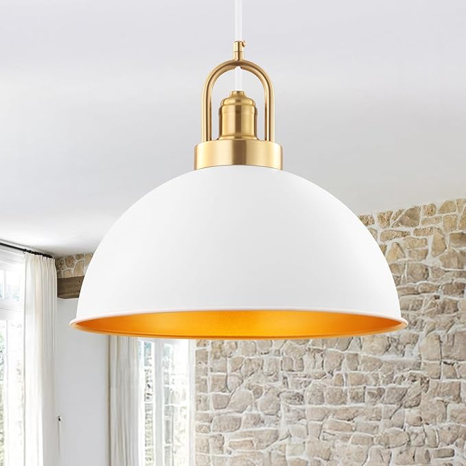 Modern Large Pendant Light 13.8 inch, White Dome Metal Shade with Brass Accent, Minimalist Chandelier for Kitchen Island, Dining Room