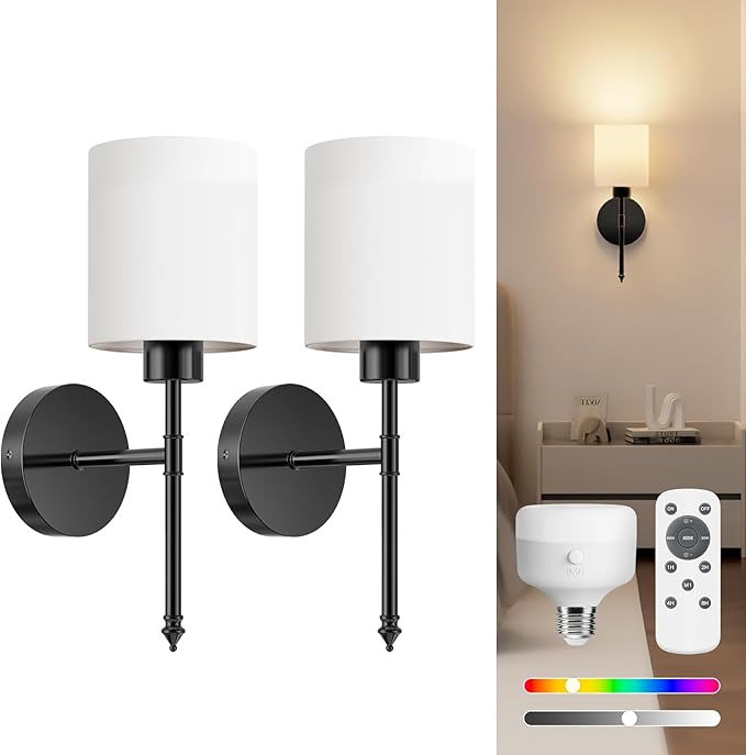NIORSUN 15 inch Battery Operated Wall Sconce Set of 2, Black Wireless Rechargeable Wall Lights with 5200mAh Dimmable Detachable Bulbs and Remote, 9 Colors Sconces Wall Decor for Bedroom Living Room