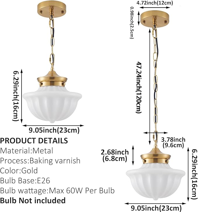 youngrender Schoolhouse Pendant Fixtures, 9" Brass Gold Milk Glass Pendant Light, Adjustable Mid Century Ceiling Pendant Lighting for Bedroom Kitchen Living Room Hallway Dining Room