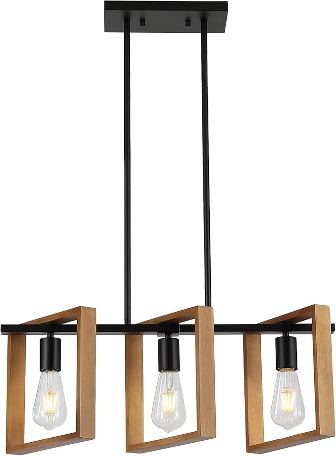 9MMML 3 Lights Kitchen Island Lighting, Black 3 Lights Dining Room Chandelier,Wood Frame Pendant Light for Living Room Foyer Entryway Hallway,E26