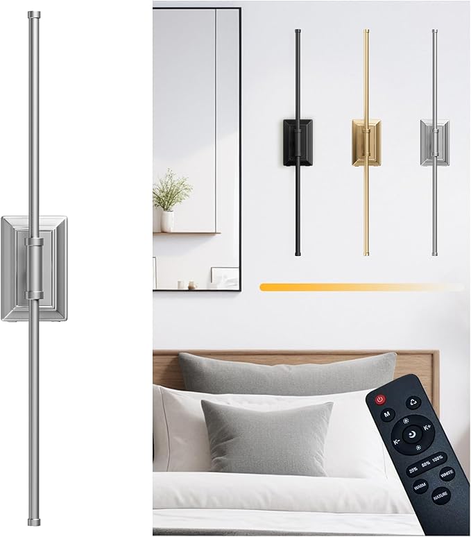 Battery Operated Wireless Wall Sconce - Modern Rechargeable Led Sconces in Black Gold Silver - Bedroom Decor Lights Set of 1 - Long Indoor Living Room Bathroom Remote Wall Light