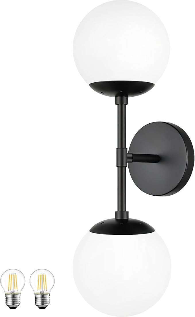 KoKo&Yukina Mid Century Modern Bathroom Matte Black Bathroom Vanity Light Fixtures Globe Sconce 2 Light Vanity Light Milky White Vanity Light Mid Century Wall Sconce