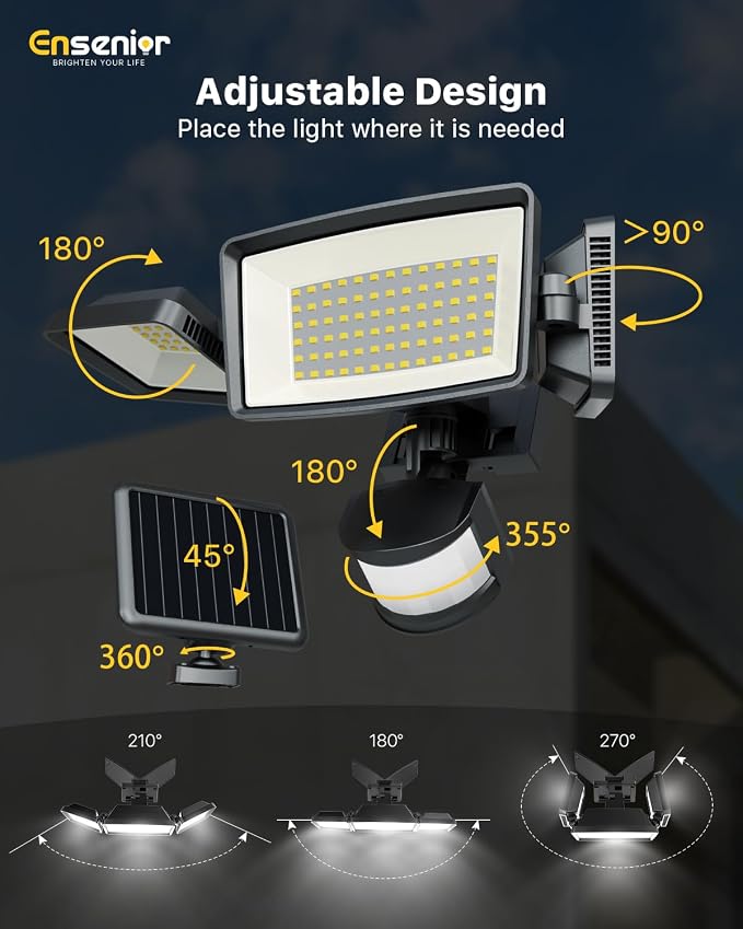 Ensenior Solar Security Lights, Wide Beam Flood Light 6500K Super Bright for Driveway Backyard Garden, Remote Control Motion Lights, Weather-Resistant Exterior Lighting, 1800LM Lumen, Black, 2-Pack