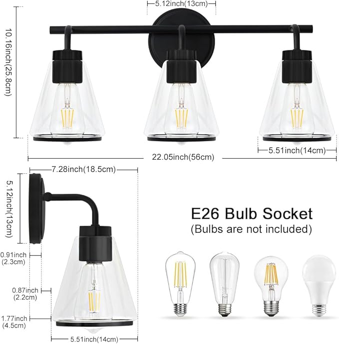 Black Bathroom Vanity Light 3 Lights Bathroom Light Fixtures Over Mirror Vanity Lighting Fixtures with Clear Glass Shade 22 inch Modern Vanity Lights for Bathroom Wall Sconce Lights for Bedroom