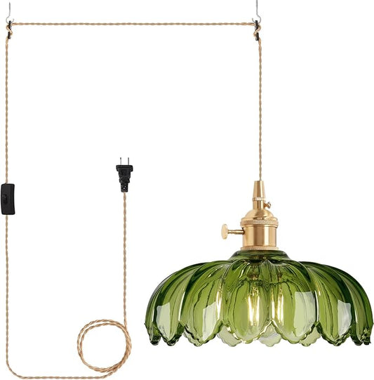 Shenmoyl Plug in Pendant Light Hanging Light Fixtures with Plugin Cord On/Off Switch,Green Scindapsus Glass Lampshade Brass Pendant Light