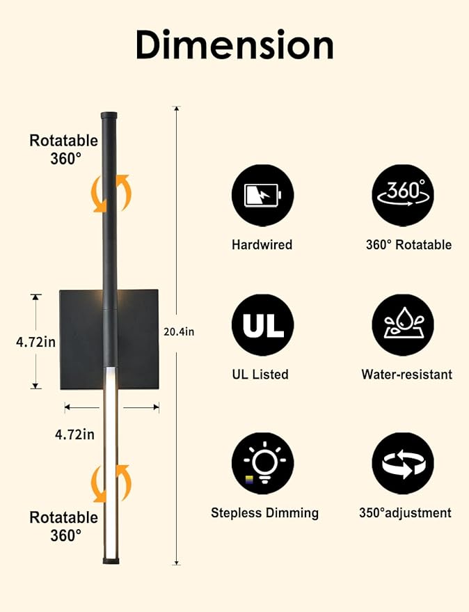 KARTOOSH 20.4 Inch Hardwired Wall Sconces Set of Two, 3000K Warm White Dimmable Modern Wall Sconces, 350° Rotate LED Light Fixtures Wall Lamp for Bathroom Living Room Bedroom Bedside, Black