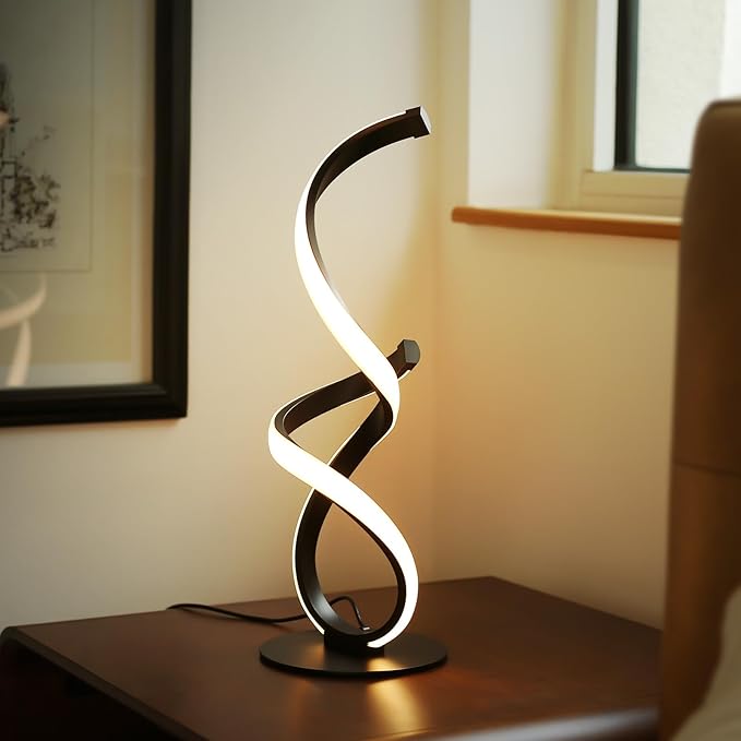 Modern Touch Lamp for Nightstand, Spiral LED Table Lamp, Dimmable 3 Color Temperature Night Stand Desk Lamp, Unique Bedside Light for Living Room, Bedroom, Cool Lamps for Ideal Gift, Black