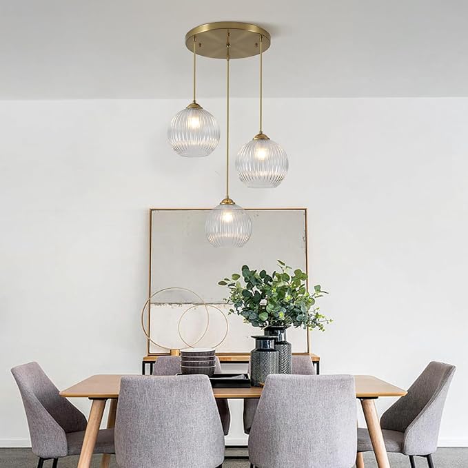 3-Light Pendant Light Fixtures Brushed Gold Kitchen Island Lighting Modern Clear Glass Cluster Pendant Lights Chandelier Adjustable Cord Antique Brass Hanging Light for Dining Room MPL30-3B