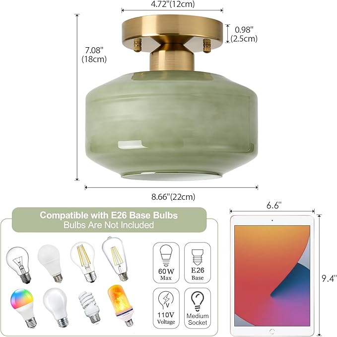 BISAMIYA Modern Semi Flush Mount Ceiling Light, 8.66" Olive Green Milk Glass Shade, Brass Finish Ceiling Light Fixture for Entryway, Hallway, Kitchen, Cafe, Bar