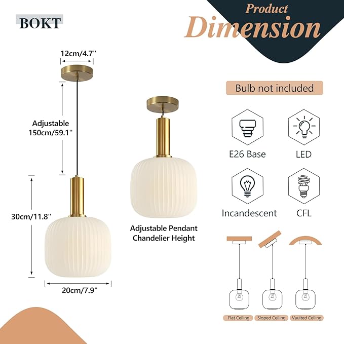 BOKT Pendant Lights Kitchen Island Brass Modern Gold Pendant Light Fixtures 7.9" Vintage Adjustable Height Hanging Lamp with Milk White Glass Shade for Entryway Dining Room Hallway