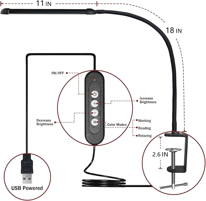 LED Desk Lamp with Clamp, Clamp Light with Adjustable Color Modes, Clip on Light with Long Flexible Gooseneck, Eye Care Lamp Clamp for Study, Work, Home, Office, Black, Metal, 12W