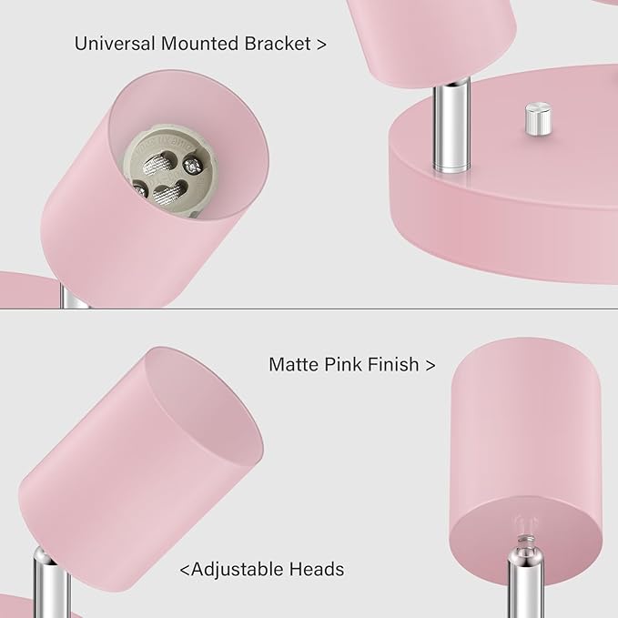 3 Light Track Lighting Fixtures Ceiling, Pink Round Directional Spotlight Fixtures, GU10 Flush Mount Ceiling Fixture, Adjustable Modern LED Track Light for Girl's Room, Bulb Not Included