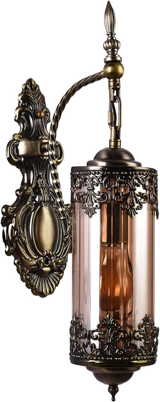 Rustic Wall Sconce with Amber Glass,Vintage Antique Gothic Wall Light Fixture E26 Mid Centry Lantern Bedside Sconces Wall Lighting for Living Room Bathroom Hallway Mirror