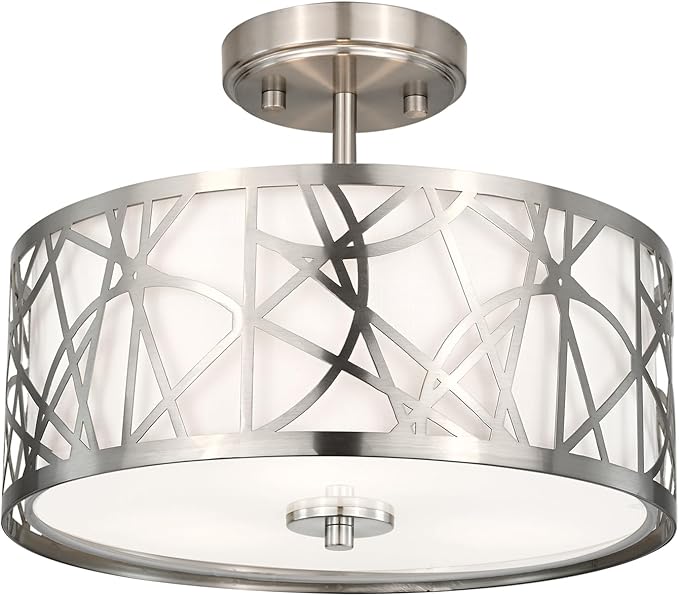 3-Light Semi Flush Mount Ceiling Light, 12.6" Drum Light with White Fabric Shade, Modern Close to Ceiling Lamp for Living Room Bedroom Dining Kitchen Hallway Entry Foyer (Brushed Nickel)