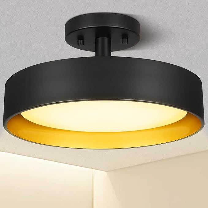 SunRider Semi Flush Mount LED Ceiling Light Fixture, 12-inch 25W 2000LM Black Pendant Lamp for Entrance Attic, Gold Inside, 3000K Warm White, Dimmable