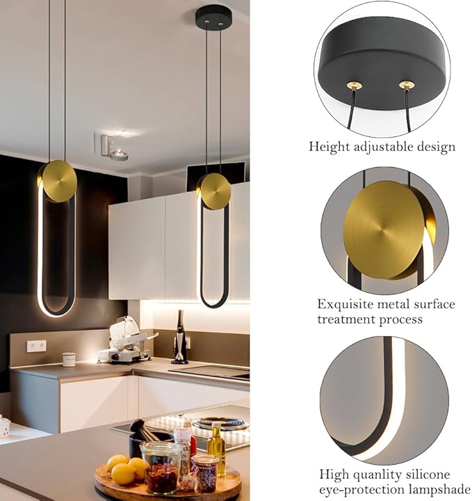 Modern Pendant Lights Fixtures Set of 2, LED Black and Gold Dimmable Pendant Light for Kitchen Island, Small Kitchen Pendant Lighting with RC, Oval Adjustable Hanging Lamp for Dining Room Bar Bathroom