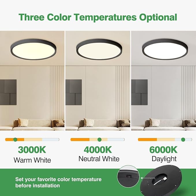 15.8 Inch Black LED Flush Mount Ceiling Light, 32W, 3480LM, 3000K/4000K/6000K CCT Selectable, Round Flat Panel Light Fits Hallways, Kitchens, Bedrooms, Laundry Rooms