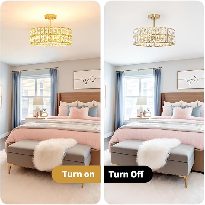 Crystal Ceiling Light Fixture, Modern Brushed Gold Ceiling Light Chandelier, Semi Flush Mount Chandelier Lighting Fixture for Kitchen Entryway Living Room Dining Room, 5-Light, 16 Inch