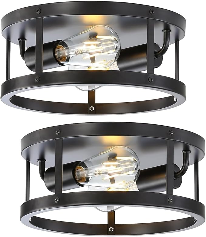 2 Pack Flush Mount Ceiling Lights, Black Metal Close to Ceiling Light Fixtures, Farmhouse 11 Inch Industrial Indoor Ceiling Lamp for House Kitchen Bedroom Hallway