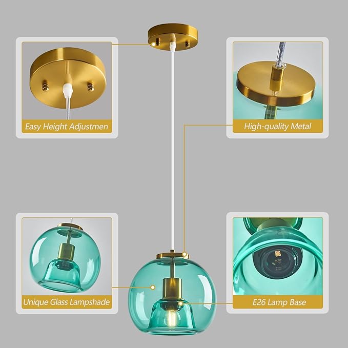 Light Blue Glass Pendant Lights Kitchen Island Gold Hanging Light Fixture Glass Globe Pendant Light Modern Pendant Lighting for Kitchen Island Bedroom Dining Room (7.87", 1 Pack)