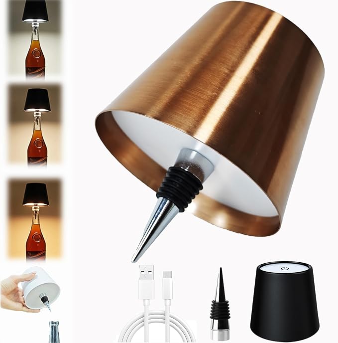 Neioaas Wine Bottle Lamp, 3 Color Light Dimming Metal Wine Bottle Light,Rechargeable Waterproof Bottle Touch Lamp Head with for Home,Bar,Camping,Travel,Restaurants,Party,Decor & Gifts(Rose Gold,1PC)