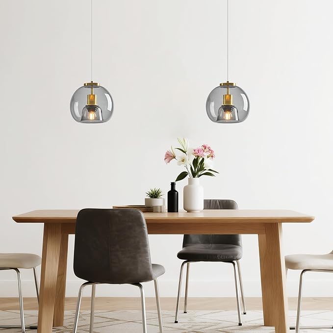 Light Grey Glass Pendant Lights Kitchen Island Gold Hanging Light Fixture Glass Globe Pendant Light Modern Pendant Lighting for Kitchen Island Bedroom Dining Room (7.87", 2 Pack)