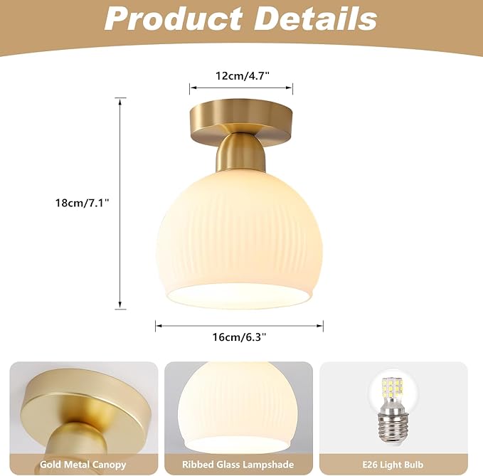 KCO Lighting Milk Glass Flush Mount Ceiling Light Fixture Small Brass Flush Mount Light Modern Gold Globe Semi Flush Mount Ceiling Light White Entryway Light Fixture