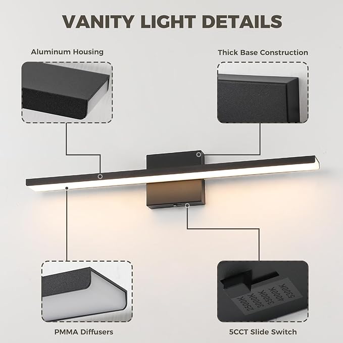 JUSHENG Black Vanity Lights for Bathroom 5CCT Dimmable Bathroom Vanity Light Fixtures LED Vanity Light Bar 24'' Inch 24W ETL Certificated