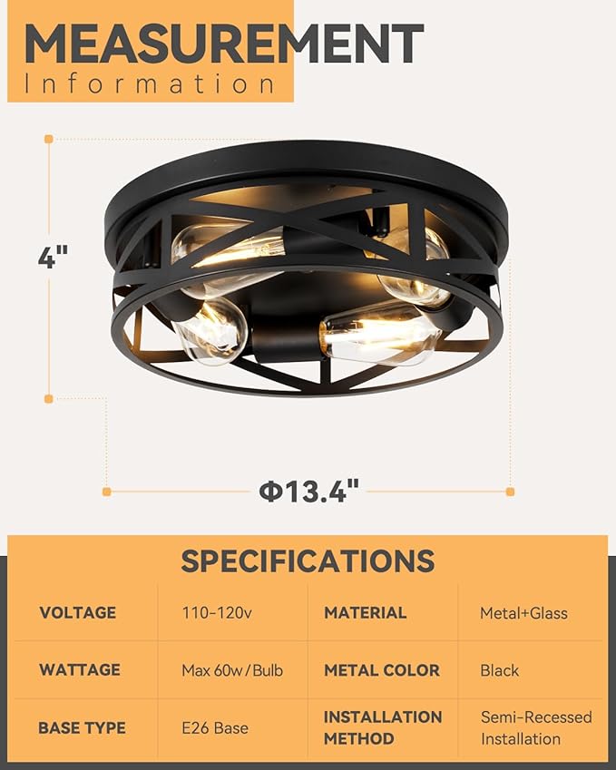 13 Inch Farmhouse Ceiling Light Fixtures, Metal Cage Close to Ceiling Lights 4-Light, Vintage Flush Mount Ceiling Lights for Bedroom Porch Kitchen Entrance, Black