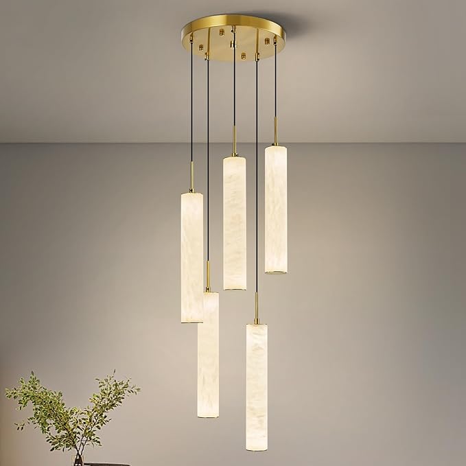 LMQNINE Natural Alabaster Pendant Lights for Kitchen Island White Marble Long Tube Chandelier 4000K Modern Gold Ceiling Light Fixtures for Bedroom Dining Room Table Living Room Hallway(M-5Light)