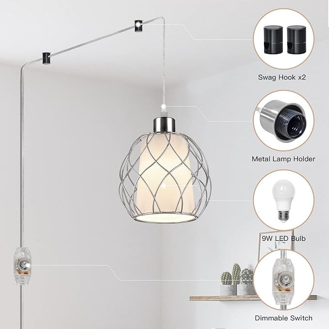 Ruzectt Plug in Pendant Light,Hanging Light with Plug in Cord,Silver Hanging Lamp with Dimmable Switch,15 ft Clear Cord,Hanging Light Fixture for Kitchen Island Living Room Bedroom (Bulb Included)