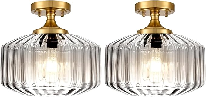 Glass Globe Ceiling Light 2 Pack Dining Room Light Fixture 1-Light Ceiling Lamp Clear Striped Glass Shade Semi Flush Mount Ceiling Light Fixture Farmhouse for Hallway, Kitchen, Entryway