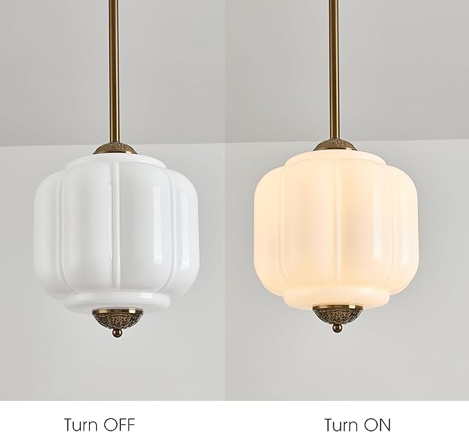 Milk Glass Ceiling Light Fixture, 9.8" Vintage Semi Flush Mount Pendant Light with Antique Brass Finish, Schoolhouse Light Fixture - Antique Chandelier for Kitchen, Hallway, Dining Room